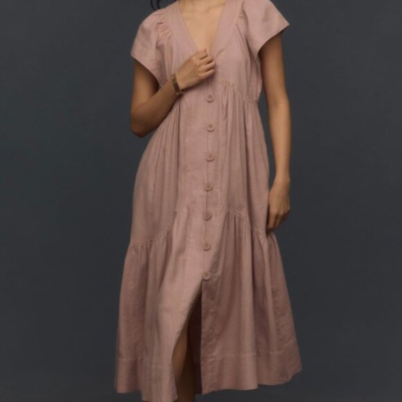 The Reneé Flutter-Sleeve Linen Button-Front Midi Dress, Mauve XS - Picture 2 of 4